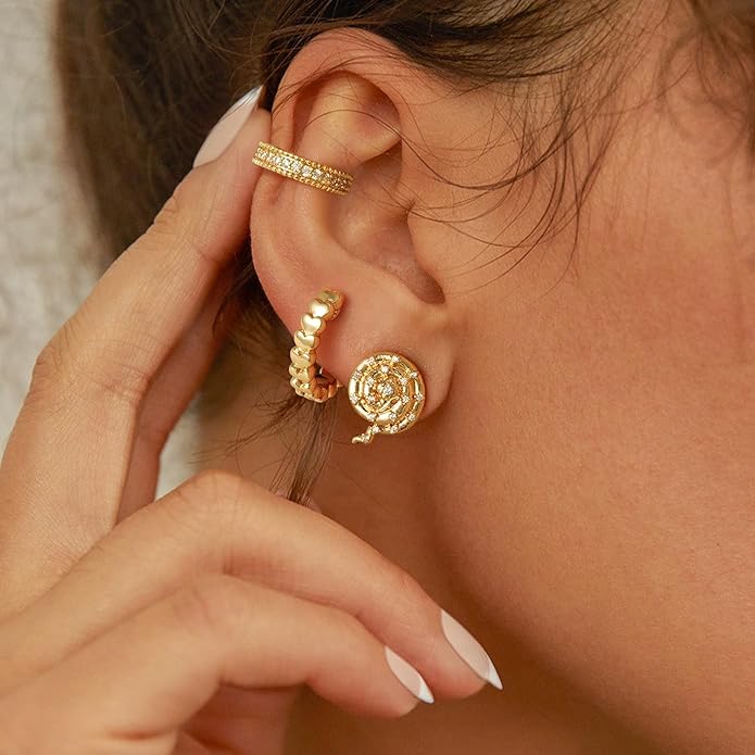MYEARS Women Earrings Gold Huggie Hoop Ear Stud Cuff 14K Small Simple Hypoallergenic Everyday Jewelry