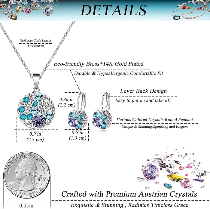 EVEVIC Austrian Crystals Round Disc Pendant Necklace Earrings for Women 14K Gold Plated Hypoallergenic Jewelry Sets
