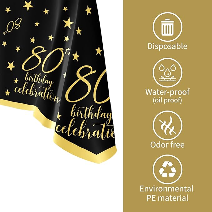 Gatherfun 80th Birthday Disposable Tablecloth 4 Pack Gold and Black Waterproof Plastic Table Cover for Men Woman 80 Birthday Party Decorations
