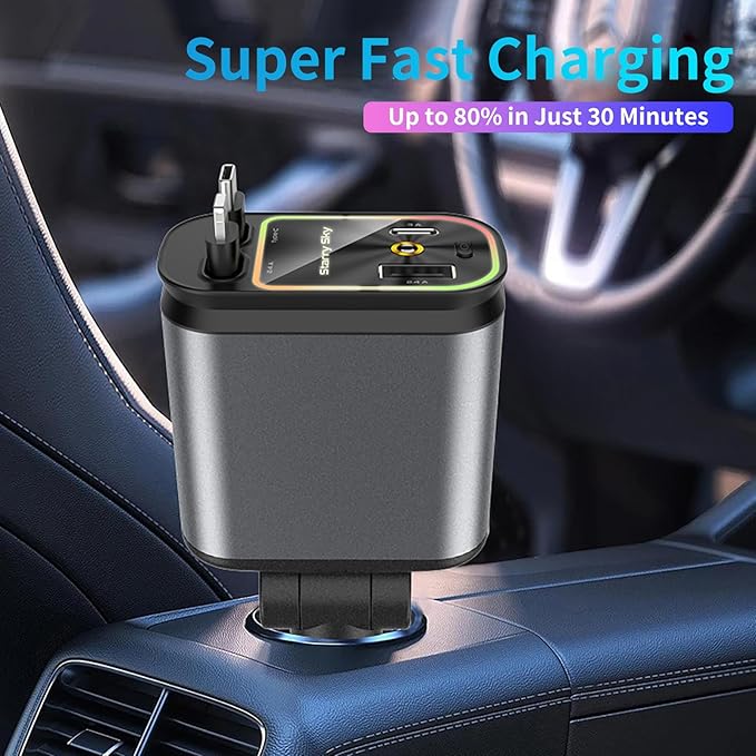 MLVOC Starlight Retractable 66W USB C Car Charger, 4-in-1 Fast Charging Adapter with Dual USB Ports, PD & QC 3.0 for iPhone, Samsung, Android (Black)