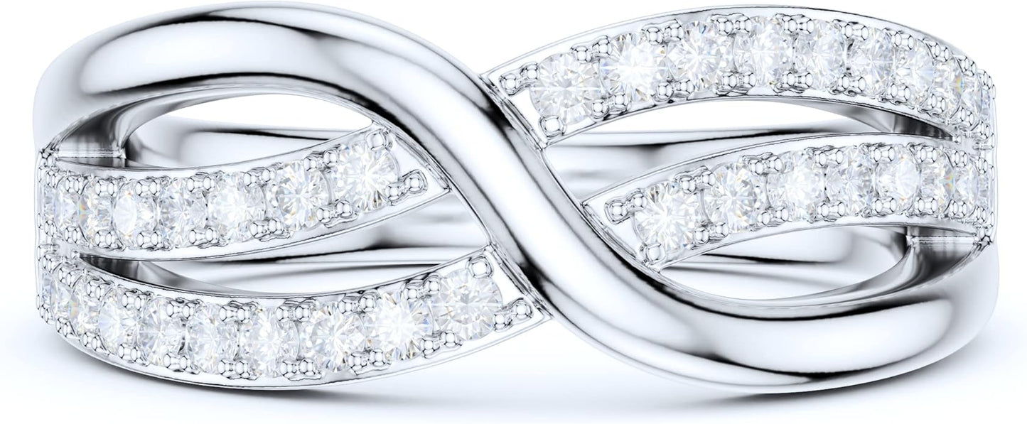 Sterling Silver Ribbon Bowknot Infinity Simulated Round Brilliant Cut Diamond or Genuine Moissanite Cross Twisted Knot Wedding Ring