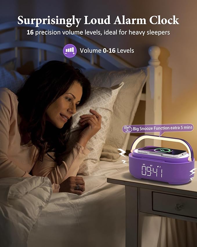 COLSUR 6-in-1 Bluetooth Speaker Alarm Clock with 15W Wireless Charger, FM Radio, Adjustable LED Night Light, 2500mAh Battery, Snooze Function – for Bedroom, Home, Office