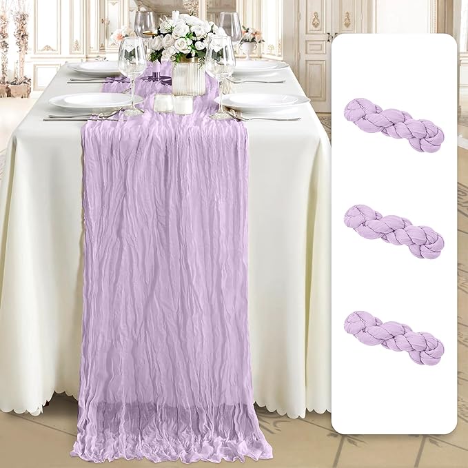 Cheesecloth Table Runner 3 Pack – 35x120 Inch (10ft) Boho Rustic Gauze Cloth Runners – Crinkle Polyester Table Decor for Wedding, Baby Shower, Bridal Shower, Birthday Party and More (Lilac Purple)