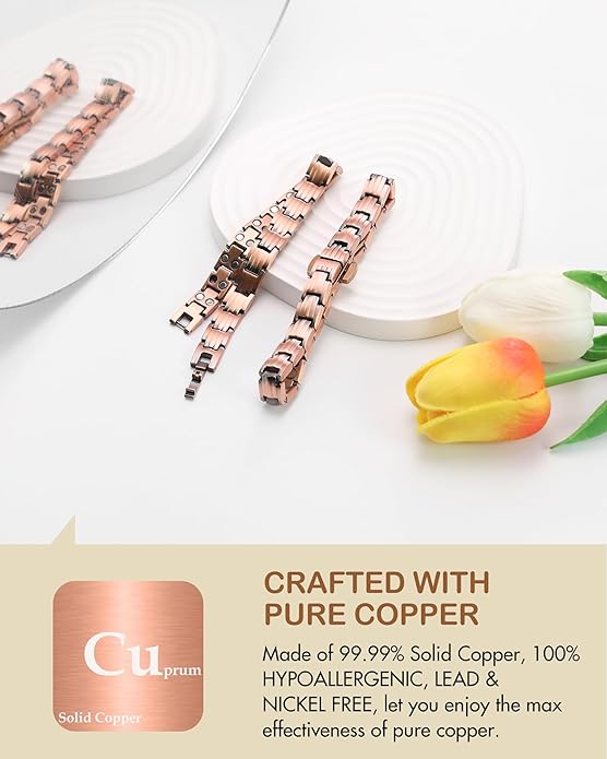 Feraco Pure Copper Bracelets for Women, 5X Ultra Strength Magnetic Bracelet with 5000 Gauss Neodymium Magnets & Upgraded Butterfly Clasp, Adjustable Jewelry Gift