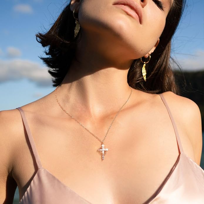 Tewiky Christian Gift Stocking Stuffers Cross Necklace for women-Dainty 14k Gold Plated/Silver Plated Pendant Necklaces Simple Cute Tiny Necklace Jewelry for Women