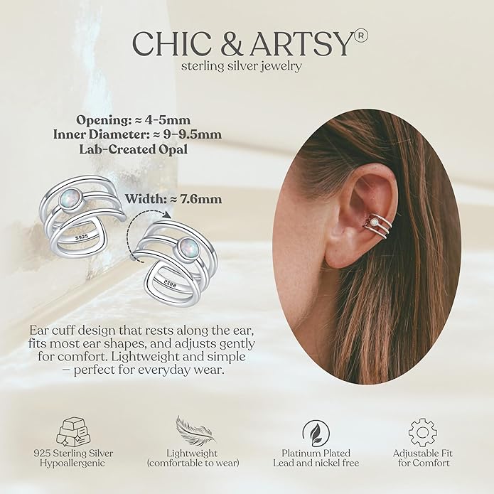 CHIC & ARTSY 925 Sterling Silver Ear Cuffs for Women, Non Piercing Clip On Cartilage Cuffs, Adjustable Fake Conch & Helix Earrings, Gold Plated & Oxidized Various Styles