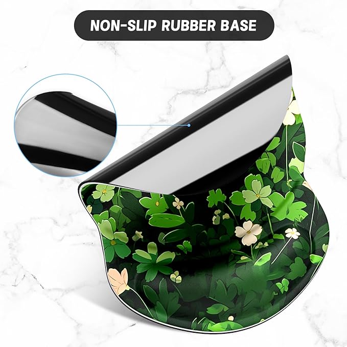 ITNRSIIET Ergonomic Mouse Pad with Gel Wrist Support Small Wrist Rest Smooth Surface Non-Slip PU Base Comfortable Office Supplies Pain Relief, 8.7 x 7.2 inches, Green Leave Cat