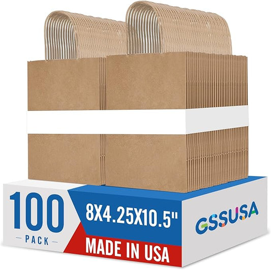 GSSUSA 100 Pack 8x4.25x10'' Paper Bags with Handles Bulk, Brown Paper Gift Bags for Small Business, Sturdy Retail Shopping, Birthday Wedding Party Favor, Craft, Kraft(Made in USA)