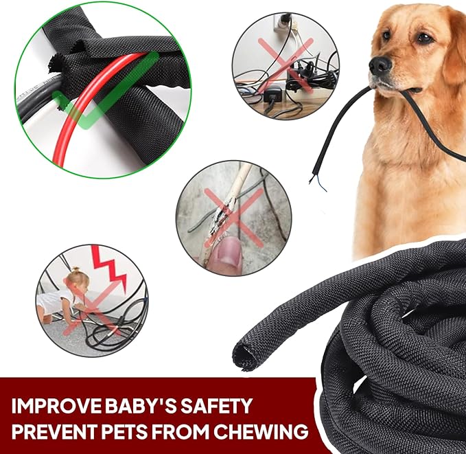 Black Braided Cable Management Sleeves Wire Loom Tubing Cord Protector Self-Wrapping (3/4"-20feet)