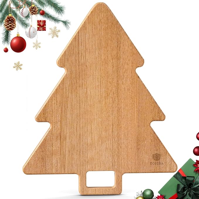 Acacia Wood Christmas Tree Cutting Board 15x12 Inch Charcuterie Board with Handle, Xmas Cheese Appetizer Tray, Wooden Decorative Serving Platter for Holiday Kitchen Party
