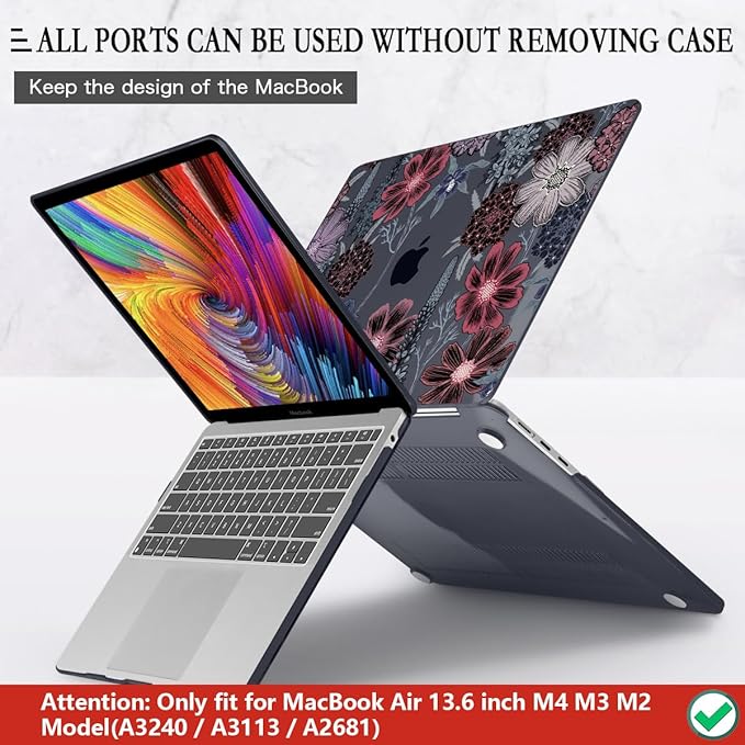CISSOOK Compatible with MacBook Air 13.6 inch Case 2022 2023 2024 2025 Model A2681 A3113 A3240, Plastic Hard Case with Keyboard Cover Screen Protector Type C Adapter, Texture Flowers