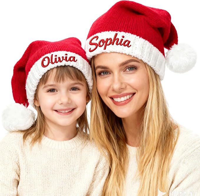 Custom Santa Hat for Adult Kids Personalized Gift Christmas Hats Monogram Red Santa Beanie Boy Girl Winter Knit Hat