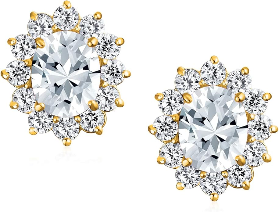 Traditional Classic Bridal Simulated Gemstones Cubic Zirconia AAA CZ Halo Crown Oval Stud Clip On Earrings For Women Wedding Non Pierced Ears Rose Gold Silver Plated
