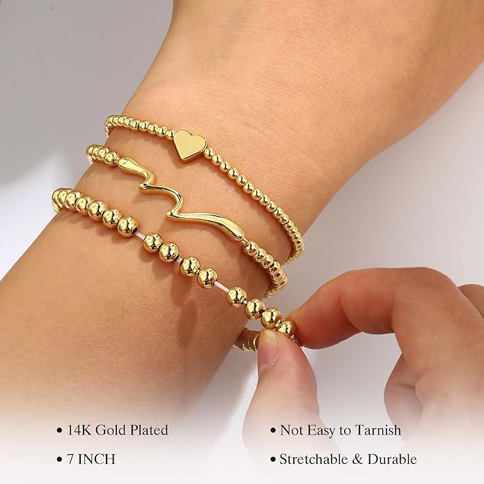 Turandoss Gold Bracelets for Women - Dainty 14K Gold Plated Bow Cross Beaded Bracelets for Women Stackable Heart Bead Bracelet Set Wave CZ Round Ball Bracelet Valentine's Day Gifts for Her