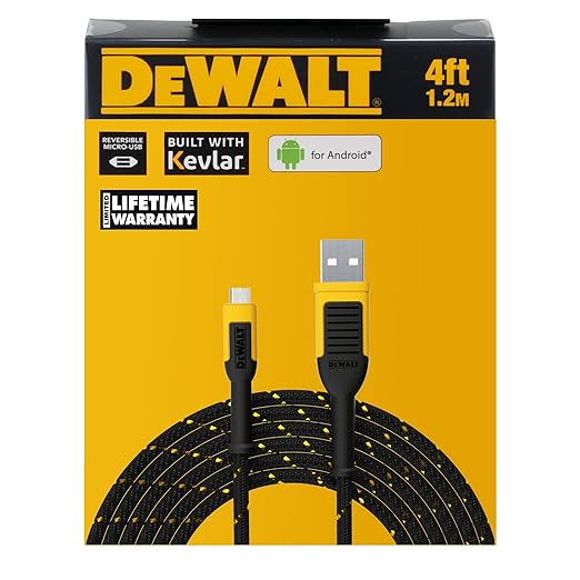 DEWALT Micro-USB to USB Cable(Not for iPhone)Reinforced Braided Micro-USB Cable, USB to Micro-USB Cable, Charger Cord Compatible with Android, 4 ft