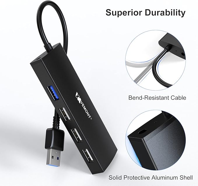 USB Hub,VEMONT 4-Port USB 3.0/2.0 HUB,Ultra Slim Portable High-Speed USB Splitter Applicable for PC Laptop, Desktop, Notebook, MacBook and More