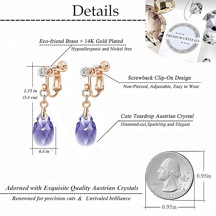 Teardrop Austrian Crystal Drop Clip On Dangle Earrings for Women Non Pierced 14K Rose Gold Plated Hypoallergenic Jewelry