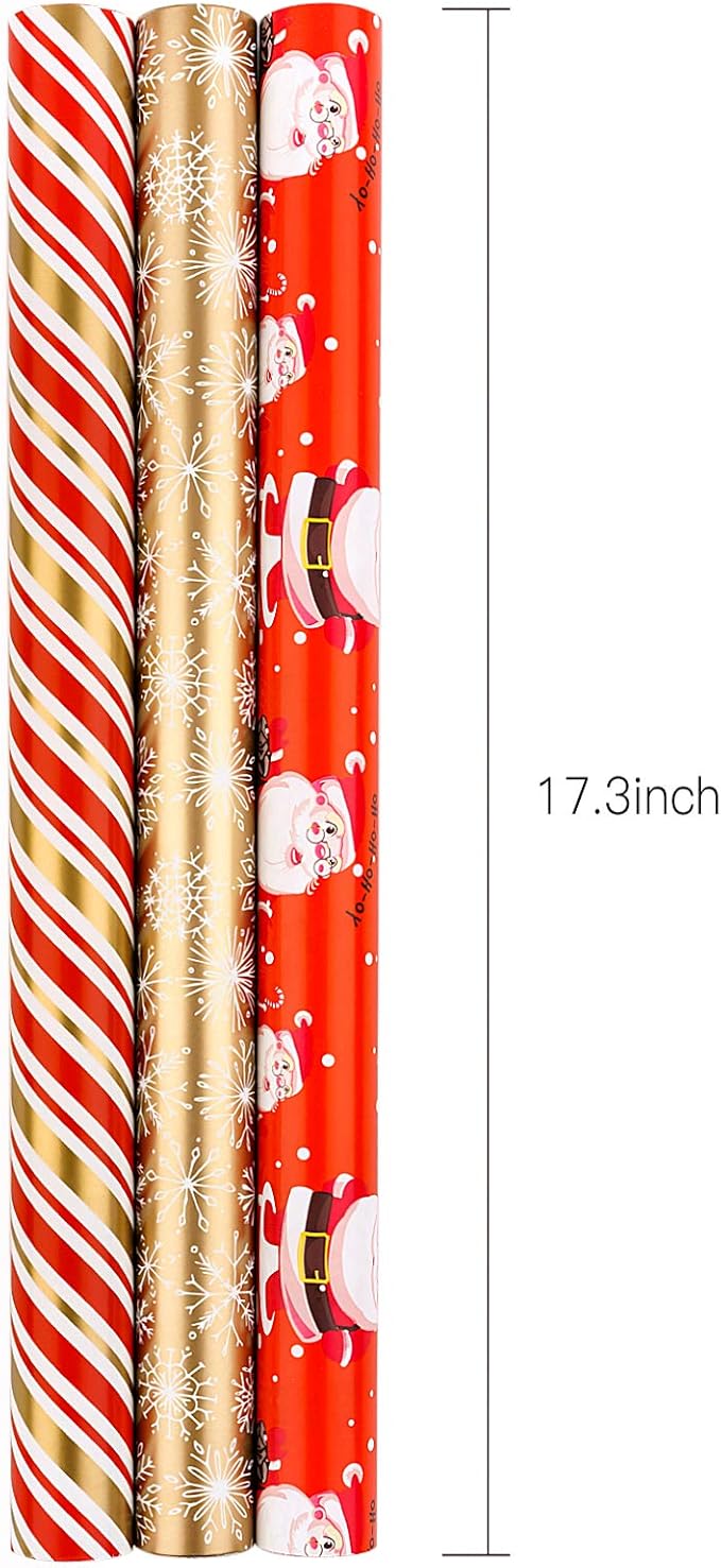 MAYPLUSS Christmas Wrapping Paper Roll - Mini Roll - 17.3 in X 120 in Per roll - 3 Different Christmas Red Snowman Gold Stripe,Gold Snowflake for Xmas Gift Wrap (43.2 sq.ft)