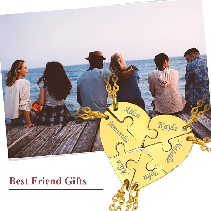 FindChic Personalized Matching BFF Necklace for 2/3/4/5/6 Puzzle Name Heart Pendant Stainless Steel Couple Necklace Set Customized Necklaces for Teen Girls