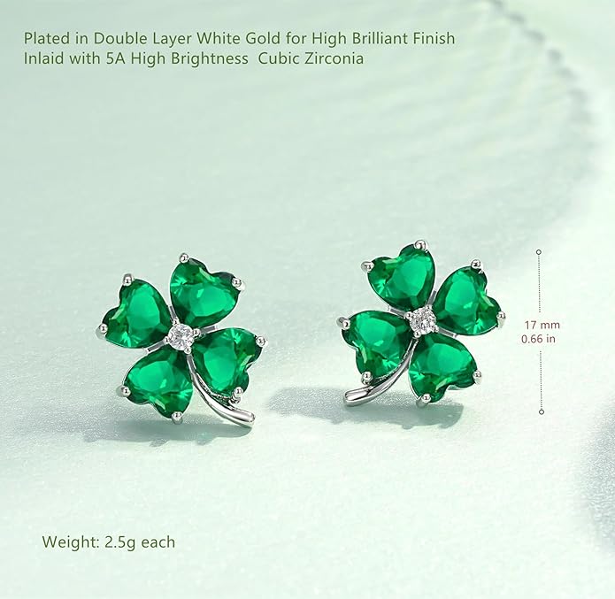 VONSSY Four Leaf Clover Necklace Earrings Shamrock Irish ST Patricks Jewelry Set Gift 18k Gold Plated Green Emerald Zircon Diamond Crystal Lucky Saint Pendant for Woman Wife Girlfriend Mom