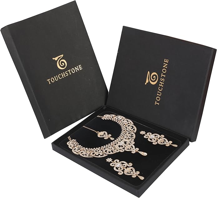 Touchstone Indian jewelry set for women bollywood gold jewellery wedding outfits necklace sets earrings bridal maang tikka fancy costume girls big desi accessories rhinestone in gold or silver tone