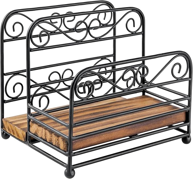 MyGift 2-in-1 Disposable Napkin and Salt & Pepper Caddy, Black Metal Vintage Scrollwork Dinner Table Paper Towel Condiment Holder with Rustic Burnt Solid Wood Base