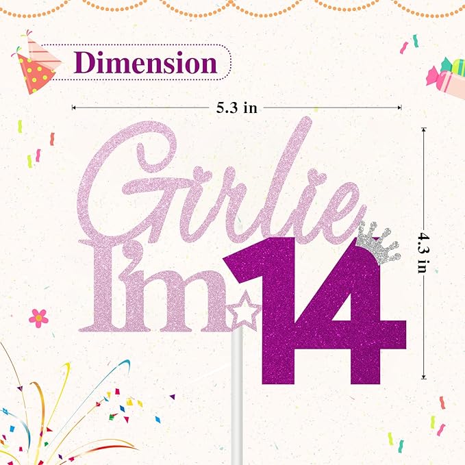 Girlie I'm 14 Cake Topper, 14th Birthday Decorations for Girl, Glitter Funny 14th Birthday Cake Topper, Girlie 14 Year Old Birthday Party Decoration Supplies