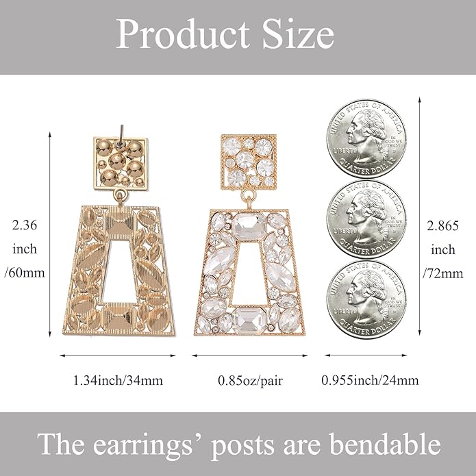 Rhinestone Rectangle Statement Earrings Colorful Crystal Geometric Drop Dangle Earrings for Women Prom Party
