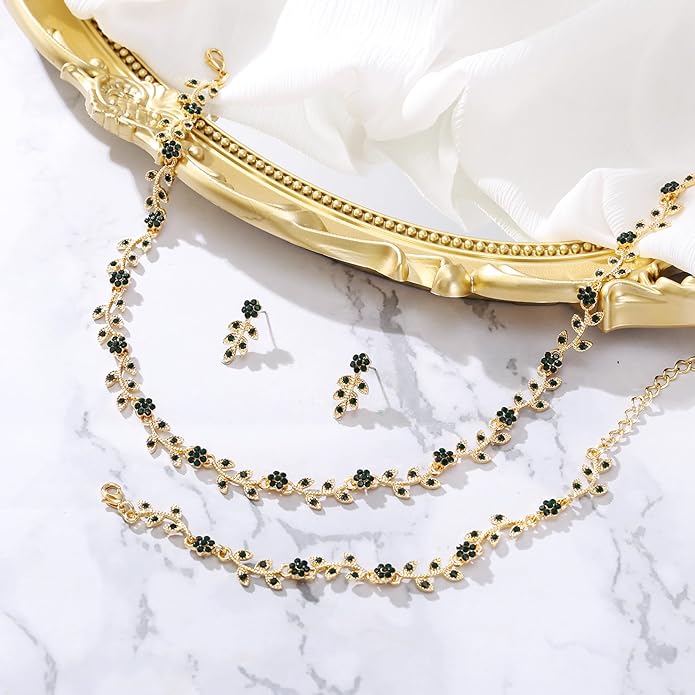 BriLove Wedding Jewelry Set for Women Bride, Gorgeous Stunning Crystal Flower Leaf Cluster Choker Necklace Link Bracelet Stud Earrings Bridal Bridesmaid