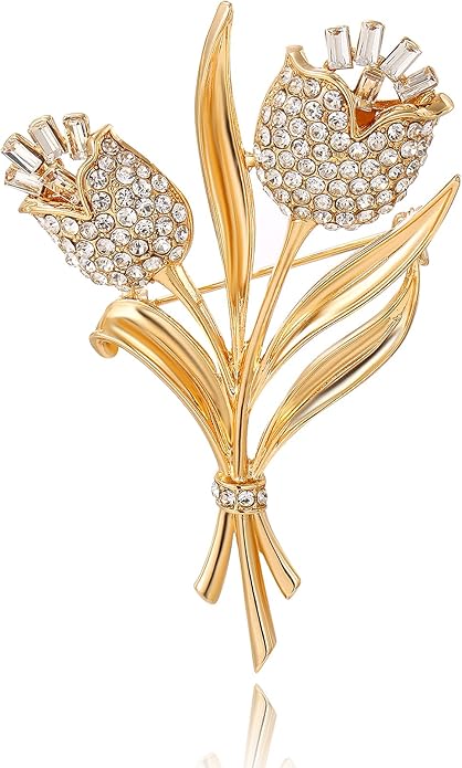Crystal Brooch Vintage Floral Gold Pin Micro Pave Daisy/Tulip Rhinestone Embellishment for Women Holiday styles.