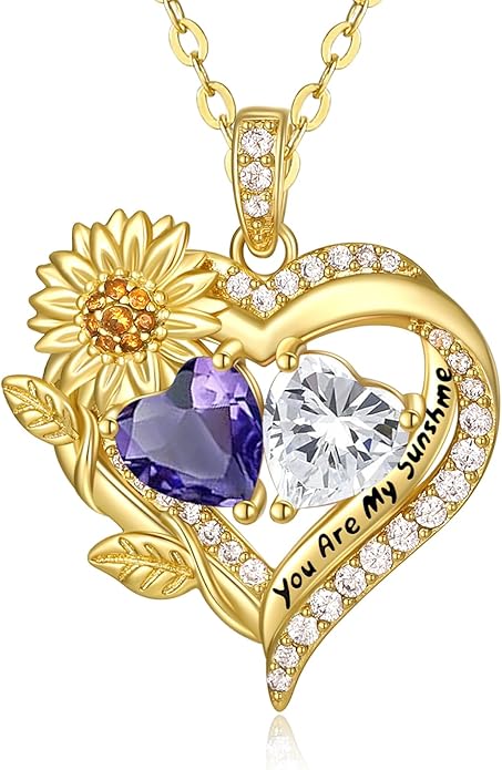 Sunflower Heart Necklace for Women 14K Gold Exquisite Valentines Day Anniversary Birthday Gifts for Wife Mother Her Double Birthstone Pendant Jewelry‘You Are My Sunshine’
