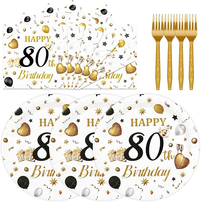 75PCS 80th Birthday Plates and Napkins Party Decorations, 7 Inch White and Gold Happy Birthday Paper Dessert Cake Plates and Napkins with Forks Disposable Tableware Set for Women Men