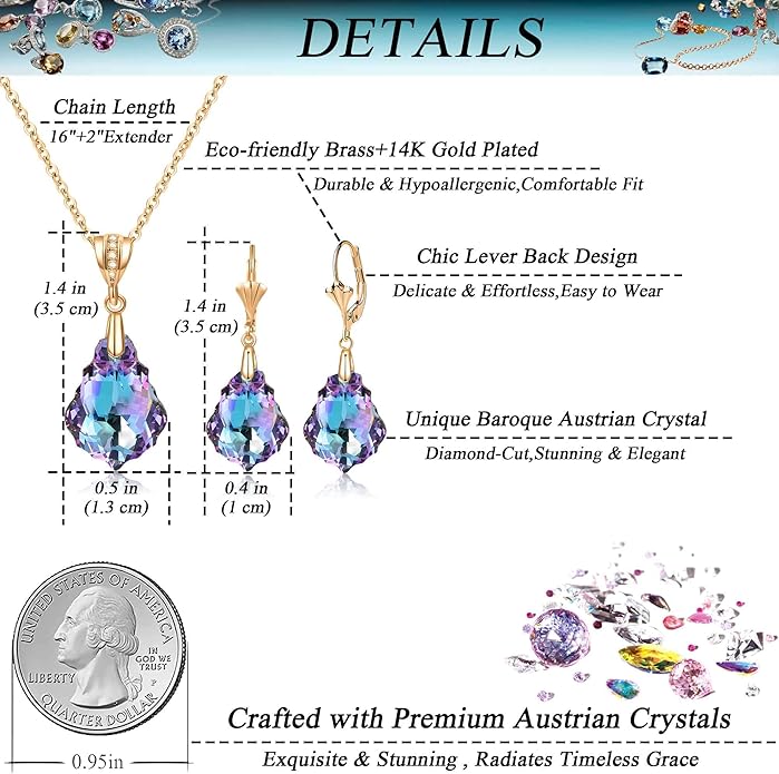 EVEVIC Austrian Crystals Baroque Pendant Necklace Earrings for Women 14K Gold Plated Hypoallergenic Leverback Drop Dangle Earrings Jewelry Set