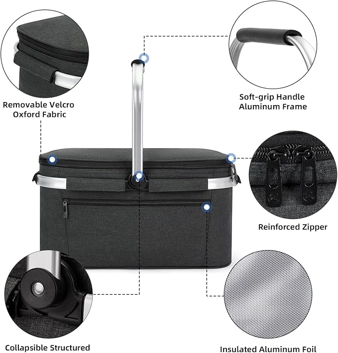 ALLCAMP Picnic Basket - 32L Insulated Cooler, Thickening Foldable Picnic Basket with Removable Baskets & Sewn-in Frame, Basket for House Warming Gifts New Home(Jet Black)