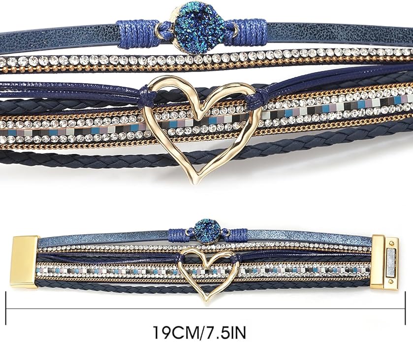 Suyi Multilayer Leather Wrap Bracelet Heart-Shape Wide Cuff Bracelets for Women