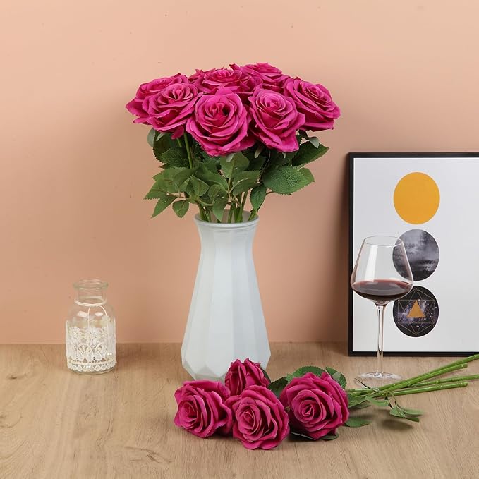 15pcs Fake Roses Artificial Silk Flowers Faux Rose Flower Long Stems Bouquet for Arrangement Wedding Centerpiece Party Home Kitchen Decor