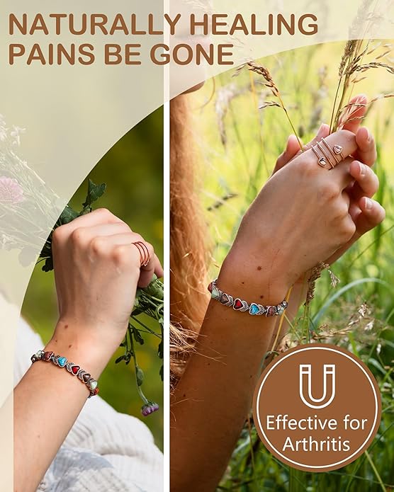Feraco Pure Copper Bracelets & Rings for Women, Ultra Strength Magnetic Bracelet with 3800 Gauss Magnets & Natural Turquoise & Stones, Adjustable, Jewelry Gift