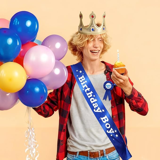 Birthday Boy Sash Hat Button Pin Accessory, Birthday King Crown Party Set, Photo Props for Boys' Theme Party Decoration