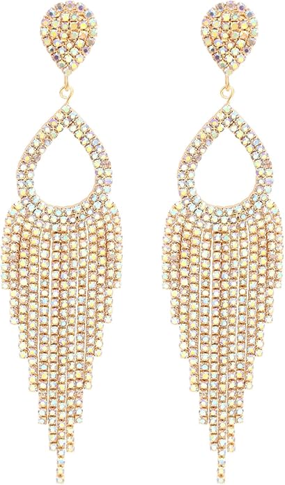 Rhinestone Teardrop with Long Tassel Earrings Sparkly Dangle Earrings for Women