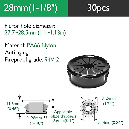 30PCS Cable Grommets, 1-1/8"(28mm) Desk Hole Cover Petal Shaped Buckle Type Nylon Snap Bushing Grommet, Wire Hole Cover Insert for Cables and Cords Management and Protection of Cabinet, Black