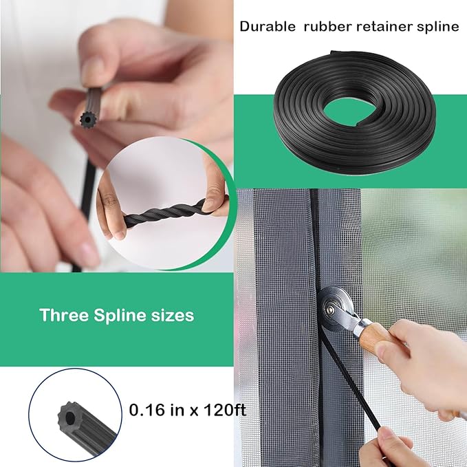 Window Screen Spline, 0.16" x 120ft Screen Retainer Spline for Window Screen Replacement, Black, Tooltriz