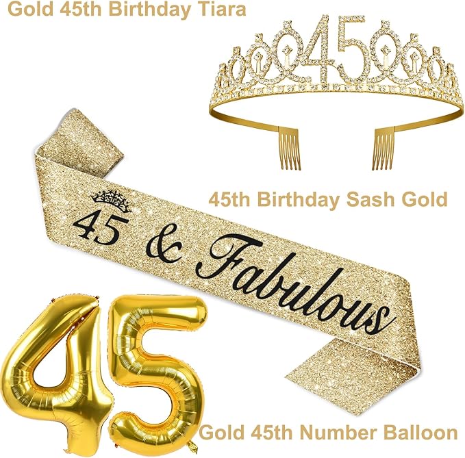 45th Birthday Decorations for Women Gold with 45th Birthday Sash and Tiara, Cake Topper and Candles, Gold Number Balloons, 45 Year Old Gifts for Women