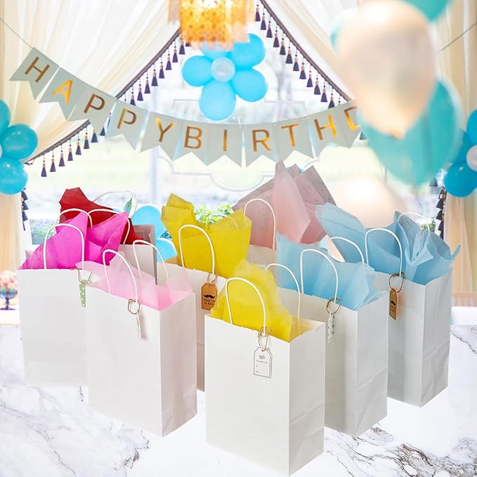METAPRINT Kraft Paper Gift Bags with Handles in Bulk, 100pcs White Paper Bags 8x4.5x10.8 inch, Recyclable Shopping Bags for Retail, Grocery, Party Favors, Wedding