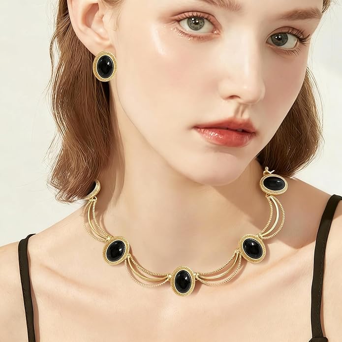 Black and Gold Jewelry Sets for Women, Gold Plated Textured Metal Necklace and Earrings Set with Deep Black Oval Stones, Coordinated Accessories for Wedding Party Gala