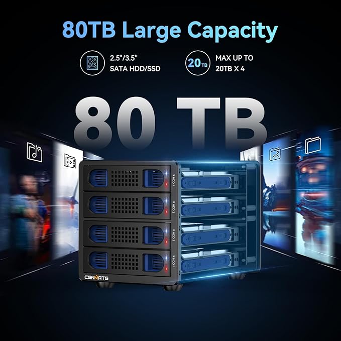 4 Bay Hard Drive RAID Enclosure with Cooling Fan for 2.5/3.5" SATA HDD/SSD with USB A/C 3.0＋eSATA Cable, 3.5 Hard Drive Reader Supports 80TB Capacity, 8 RAID Modes, DAS(NO NAS)
