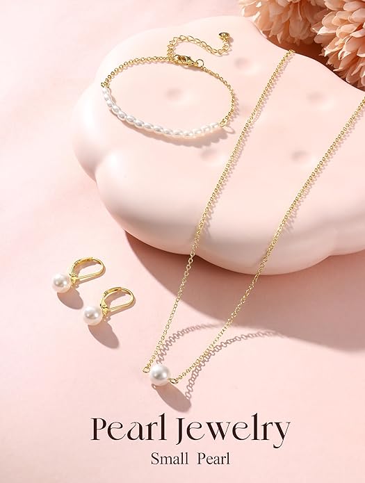 YADOCA Gold Jewelry Set for Women - 16K Gold Plated Pearl Necklace and Earring Set With Drop Earrings,Charm Layered Necklace,Adjustable Bracelets - Dainty Women's Pearl Jewelry Set For Wedding Gifts