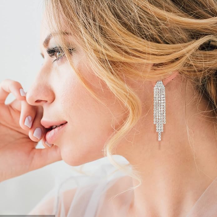 THUNARAZ 4 Pairs Silver Clip on Earrings for Women, Sparkly Rhinestone Tassel Chandelier Teardrop Dangle Earrings for Brides Bridesmaids Non Pierced Prom Jewelry Set