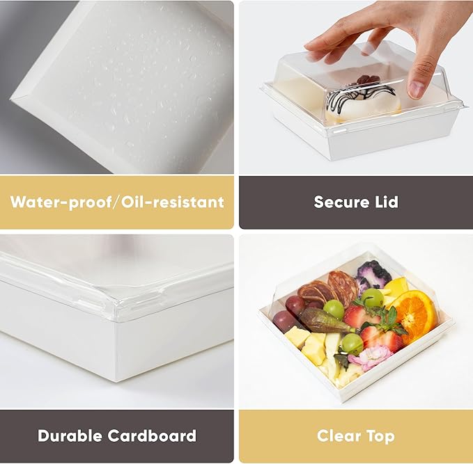 50 Pack Small Charcuterie Boxes with Clear Lids - To Go Paper Mini Charcuterie Box, Disposable Food Containers, 5Inch Dessert Boxes - Sandwich, Cookie, Sushi, Cake Slice, Strawberries (White)