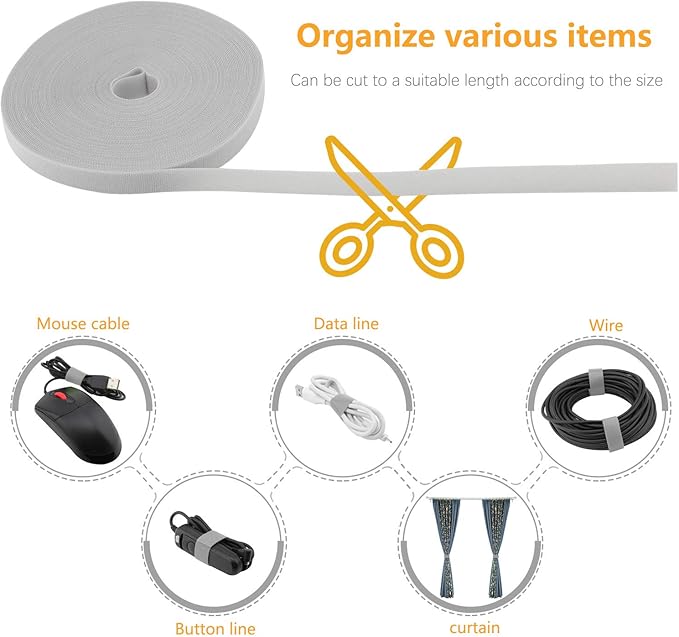 Reusable Fastening Tape Cable Ties 3/4 Inch Double Side Hook Roll (25 Yard, Grey)