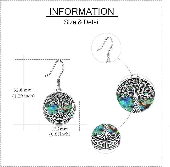 Tree of Life Earrings Sterling Silver Celtic Tree of Life Abalone Shell Dangle Drop Earrings for Women Jewelry